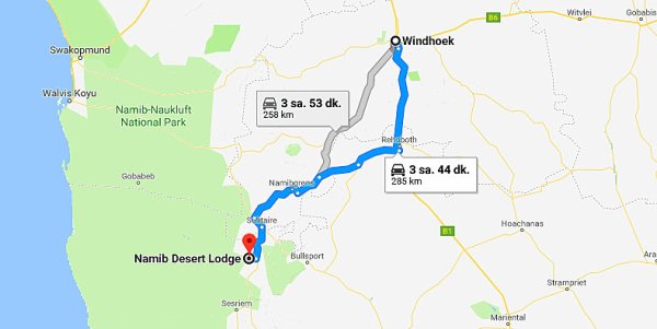 kalkış Windhoek, Namibya varış Namib Desert Lodge, Sesriem, Namibya - Google Haritalar - Google Chrome 09.08.2018 094035